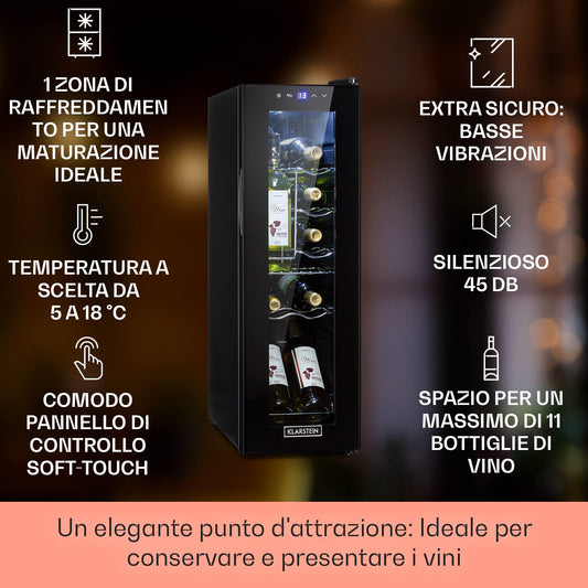 KLARSTEIN Shiraz Cantinetta Vino Nero – 12 Bottiglie, 32 L, 1 Zona | Frigo Vino, Porta in Vetro, Silenziosa, 5–18 °C