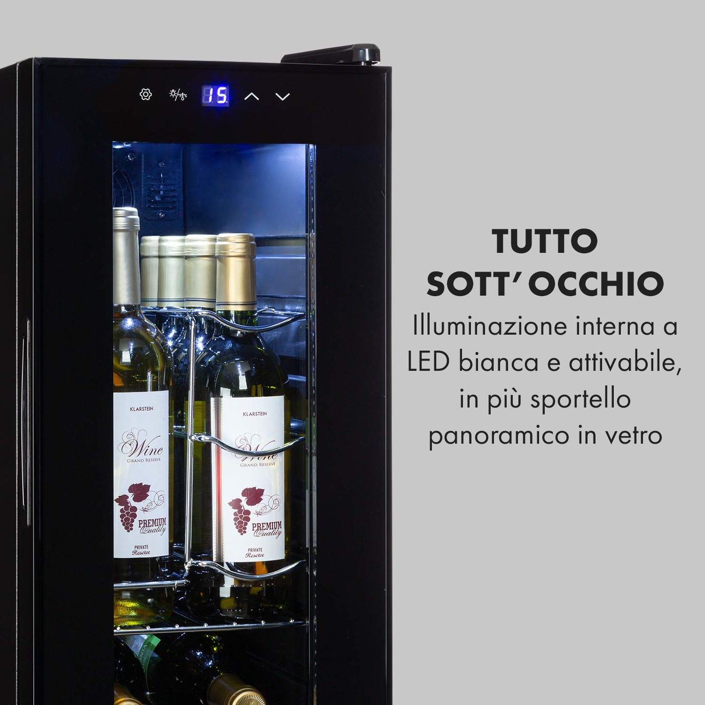 KLARSTEIN Shiraz Cantinetta Vino Nero – 12 Bottiglie, 32 L, 1 Zona | Frigo Vino, Porta in Vetro, Silenziosa, 5–18 °C