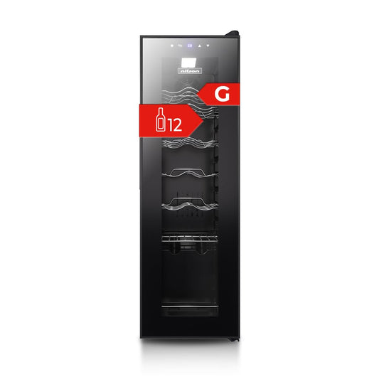 Nilson Enoteca 12 Bottiglie Nero, NVN1200S. Ciclica, livello sonoro 44 dB, zona unica di temperatura, display digitale, luce interna a LED