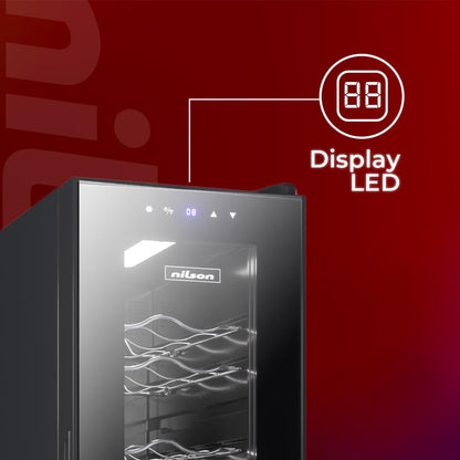 Nilson Enoteca 12 Bottiglie Nero, NVN1200S. Ciclica, livello sonoro 44 dB, zona unica di temperatura, display digitale, luce interna a LED