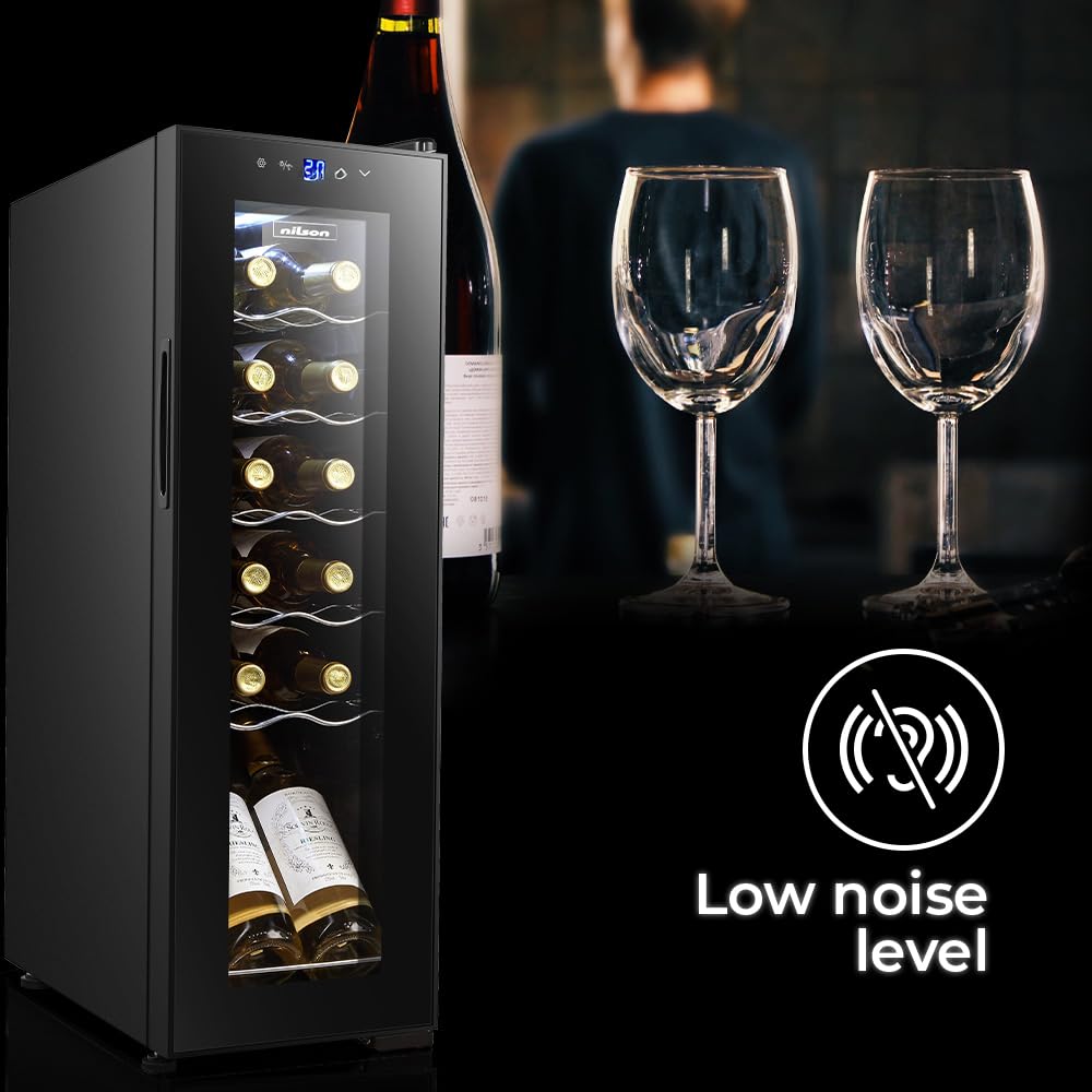 Nilson Enoteca 12 Bottiglie Nero, NVN1200S. Ciclica, livello sonoro 44 dB, zona unica di temperatura, display digitale, luce interna a LED