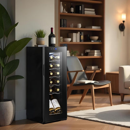 Nilson Enoteca 12 Bottiglie Nero, NVN1200S. Ciclica, livello sonoro 44 dB, zona unica di temperatura, display digitale, luce interna a LED
