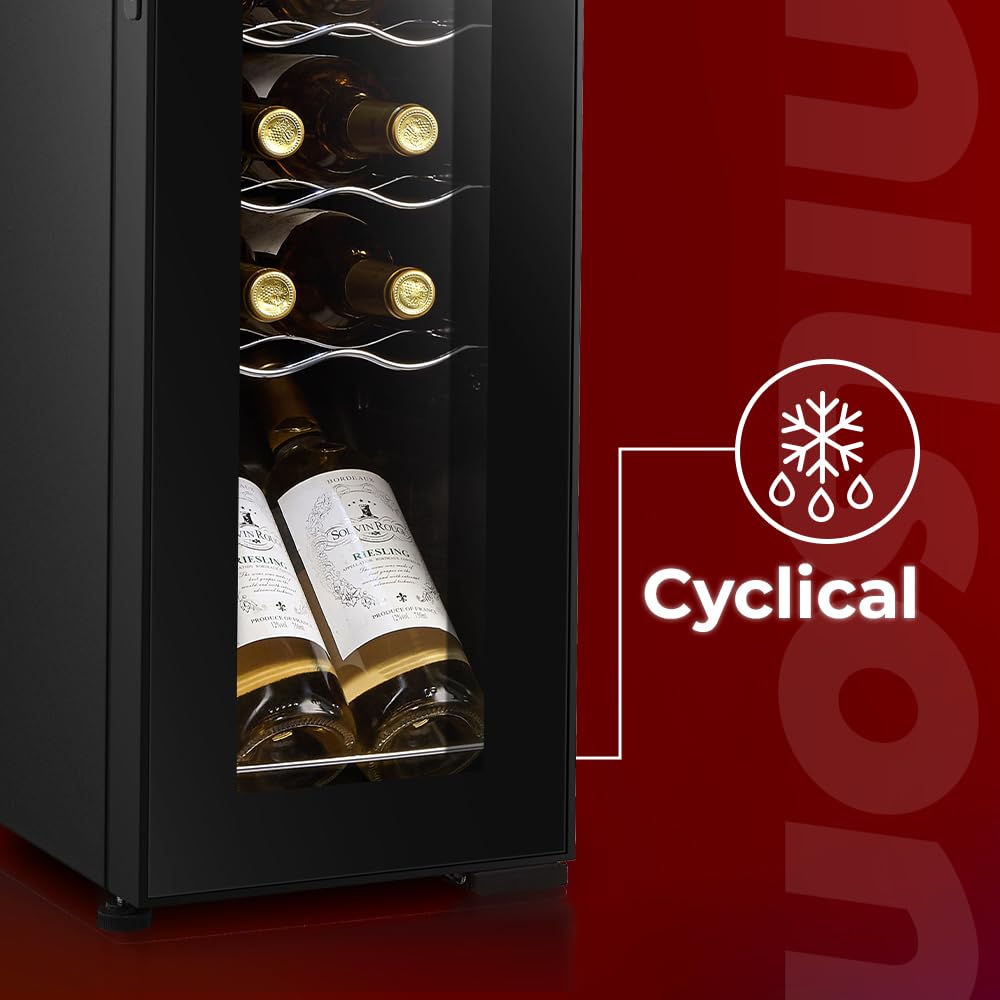 Nilson Enoteca 12 Bottiglie Nero, NVN1200S. Ciclica, livello sonoro 44 dB, zona unica di temperatura, display digitale, luce interna a LED