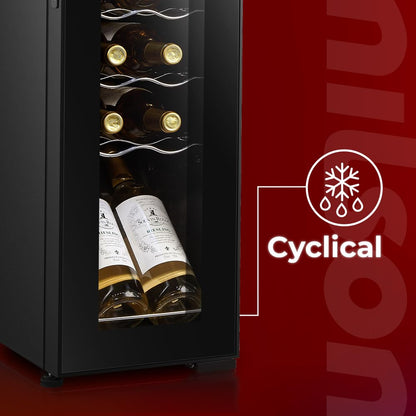 Nilson Enoteca 12 Bottiglie Nero, NVN1200S. Ciclica, livello sonoro 44 dB, zona unica di temperatura, display digitale, luce interna a LED