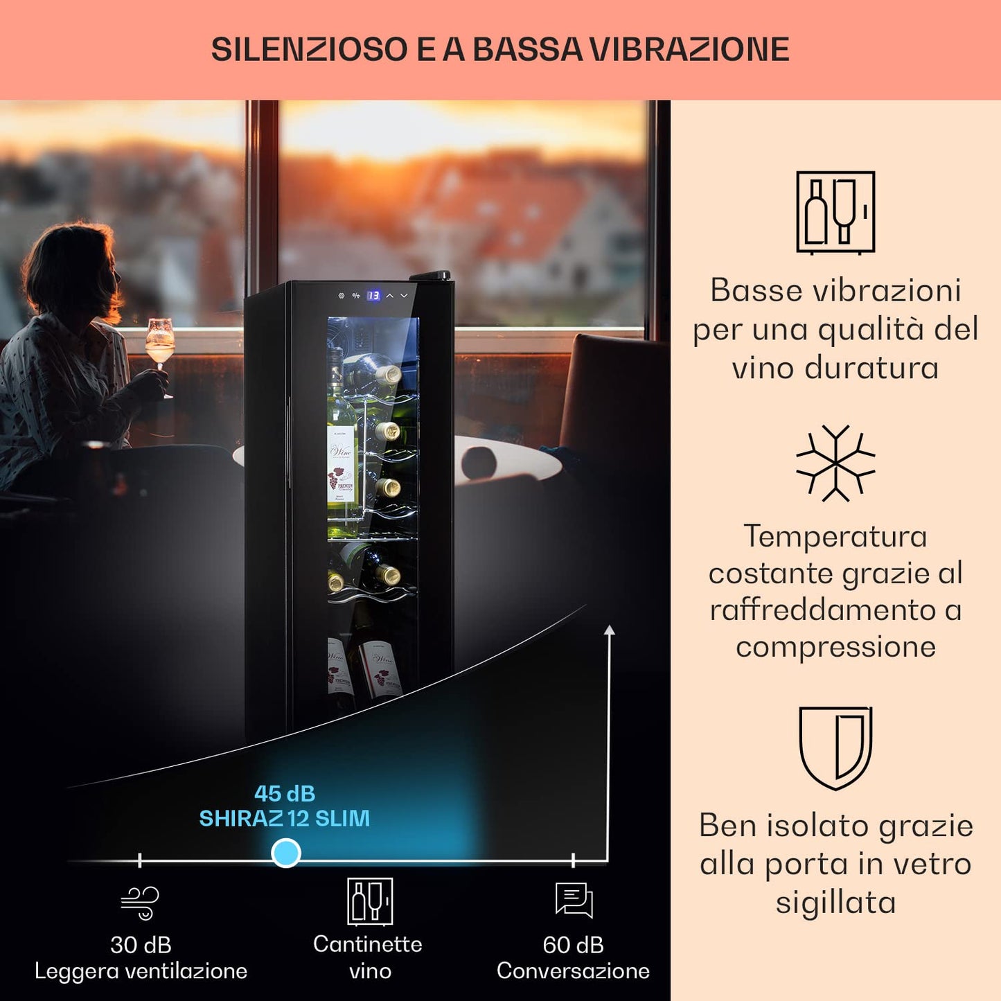 KLARSTEIN Shiraz Cantinetta Vino Nero – 12 Bottiglie, 32 L, 1 Zona | Frigo Vino, Porta in Vetro, Silenziosa, 5–18 °C