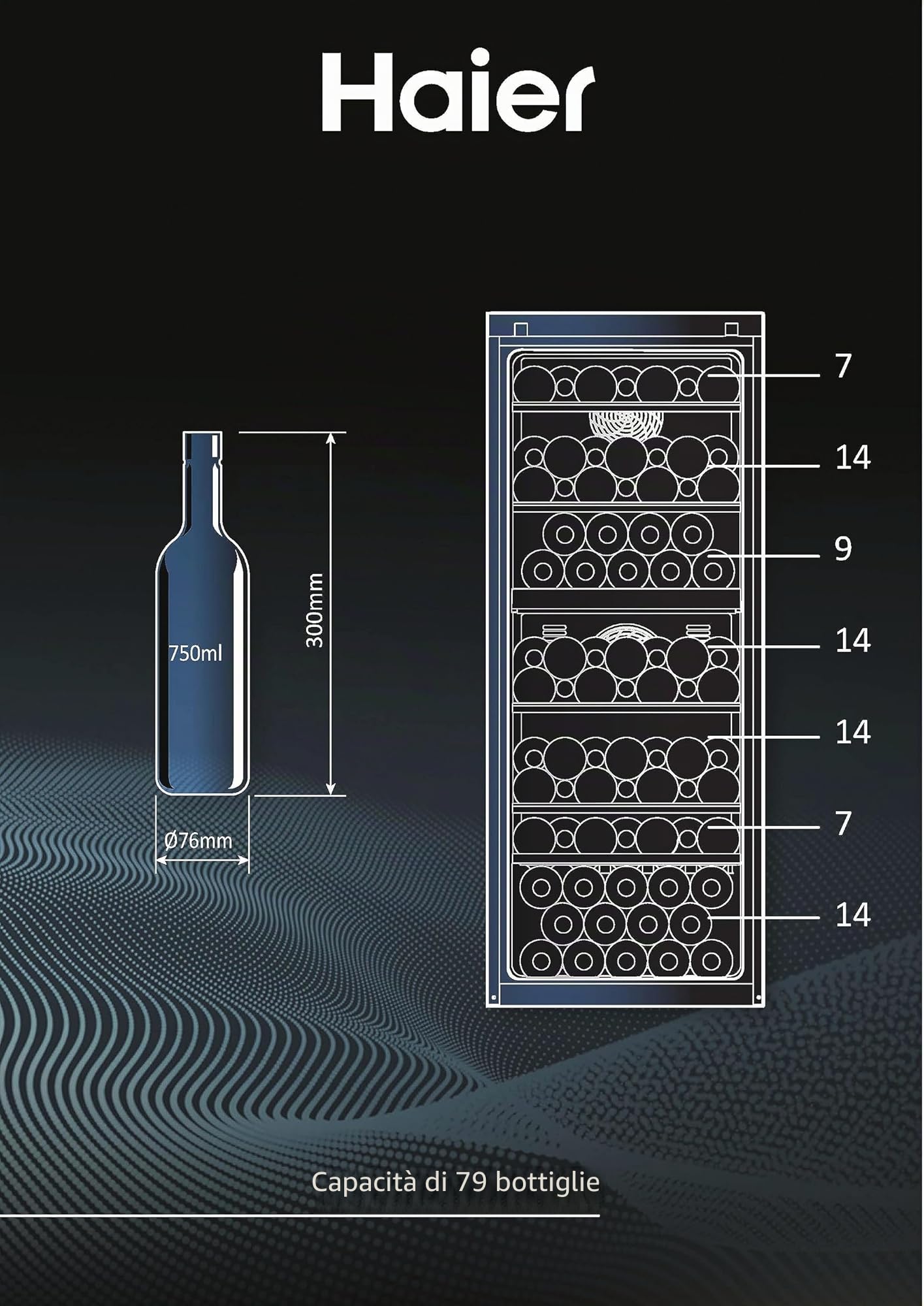 Haier Wine Bank 50 Serie 5 Cantinetta Vino Doppia Temperatura, 79 Bottiglie, Vetro Anti-UV, LED 3D, Controllo tramite App