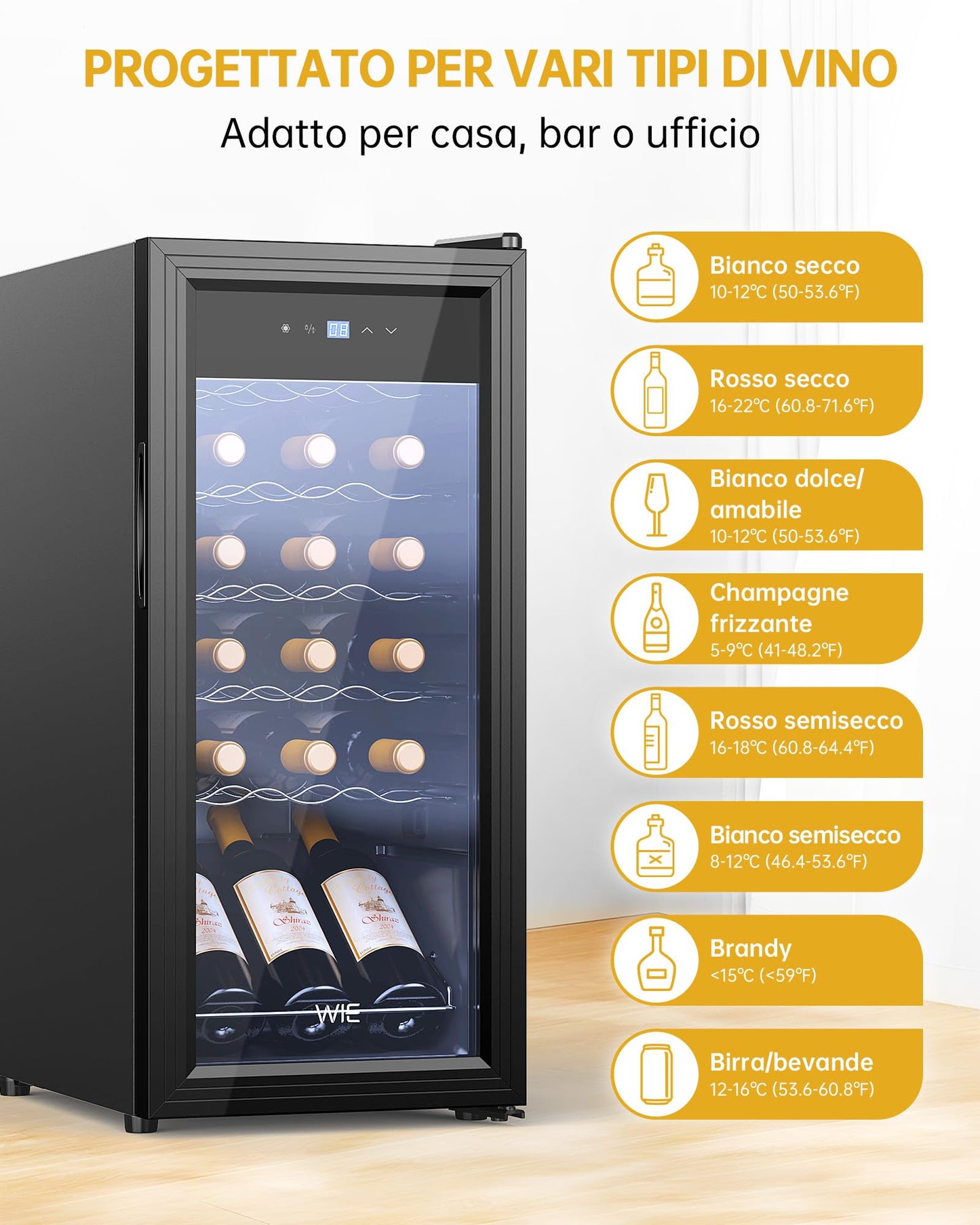 WIE Cantinetta Vino 18 Bottiglie (53L) – Cantinetta Refrigerata per Vino 5–18°C con Touch Screen, Frigo a Compressore