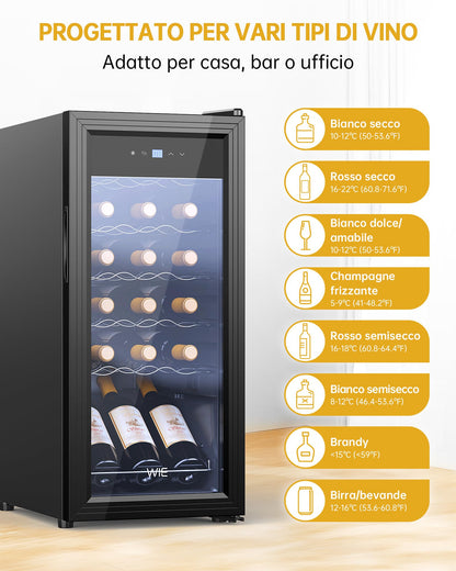 WIE Cantinetta Vino 18 Bottiglie (53L) – Cantinetta Refrigerata per Vino 5–18°C con Touch Screen, Frigo a Compressore