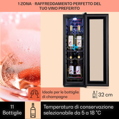 KLARSTEIN Shiraz Cantinetta Vino Nero – 12 Bottiglie, 32 L, 1 Zona | Frigo Vino, Porta in Vetro, Silenziosa, 5–18 °C