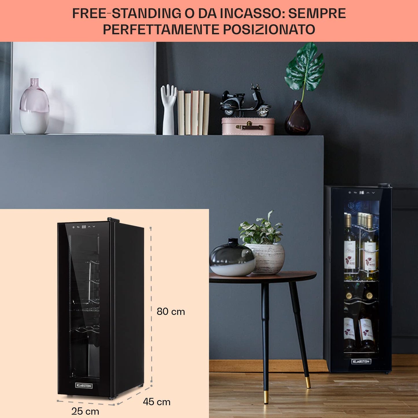 KLARSTEIN Shiraz Cantinetta Vino Nero – 12 Bottiglie, 32 L, 1 Zona | Frigo Vino, Porta in Vetro, Silenziosa, 5–18 °C