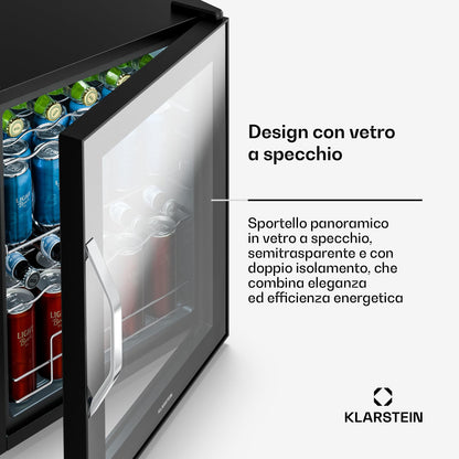KLARSTEIN Frigo Vetrina Bibite 60L - Porta in Vetro a Specchio, LED, Temperatura 0-13°C, 4 Ripiani Regolabili