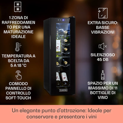 KLARSTEIN Shiraz Cantinetta Vino Nero – 12 Bottiglie, 32 L, 1 Zona | Frigo Vino, Porta in Vetro, Silenziosa, 5–18 °C