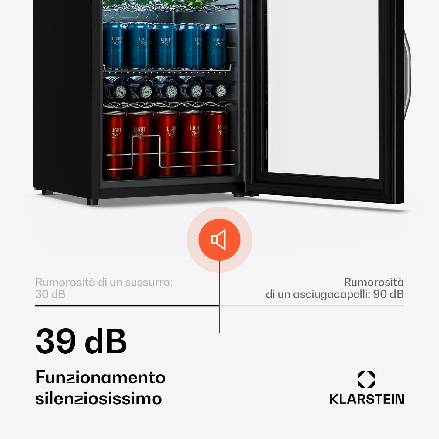 KLARSTEIN Frigo Vetrina Bibite 60L - Porta in Vetro a Specchio, LED, Temperatura 0-13°C, 4 Ripiani Regolabili