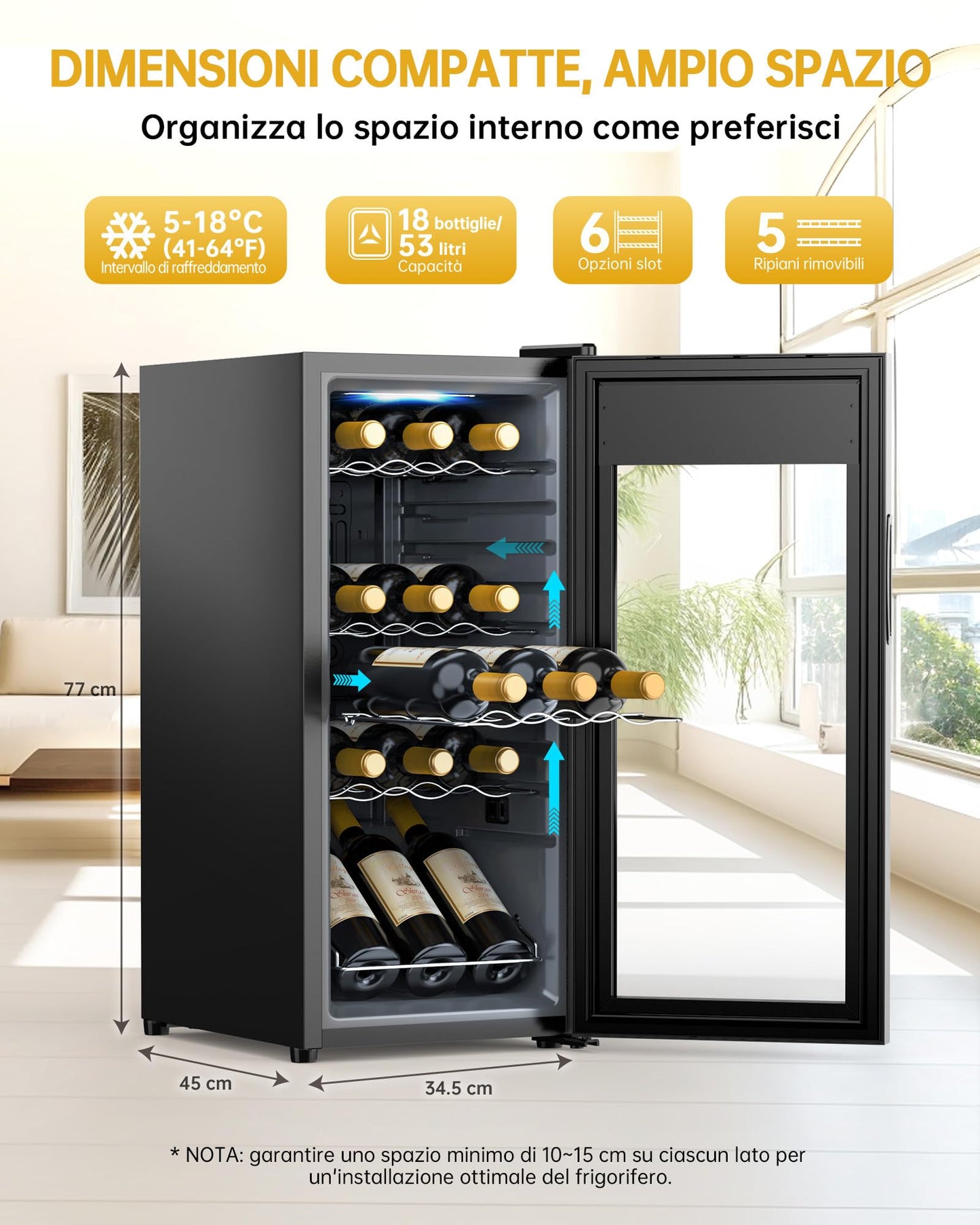 WIE Cantinetta Vino 18 Bottiglie (53L) – Cantinetta Refrigerata per Vino 5–18°C con Touch Screen, Frigo a Compressore