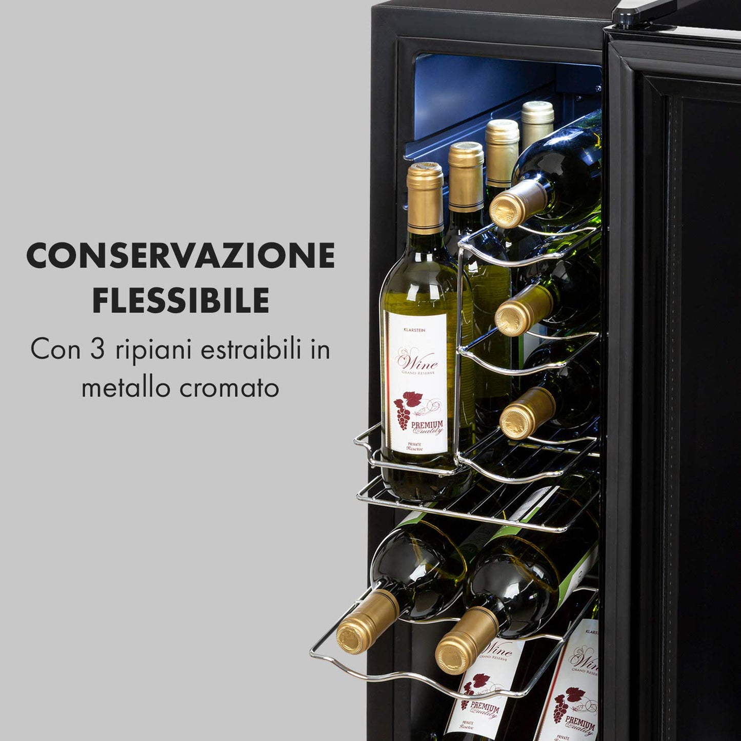 KLARSTEIN Shiraz Cantinetta Vino Nero – 12 Bottiglie, 32 L, 1 Zona | Frigo Vino, Porta in Vetro, Silenziosa, 5–18 °C