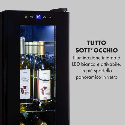 KLARSTEIN Shiraz Cantinetta Vino Nero – 12 Bottiglie, 32 L, 1 Zona | Frigo Vino, Porta in Vetro, Silenziosa, 5–18 °C