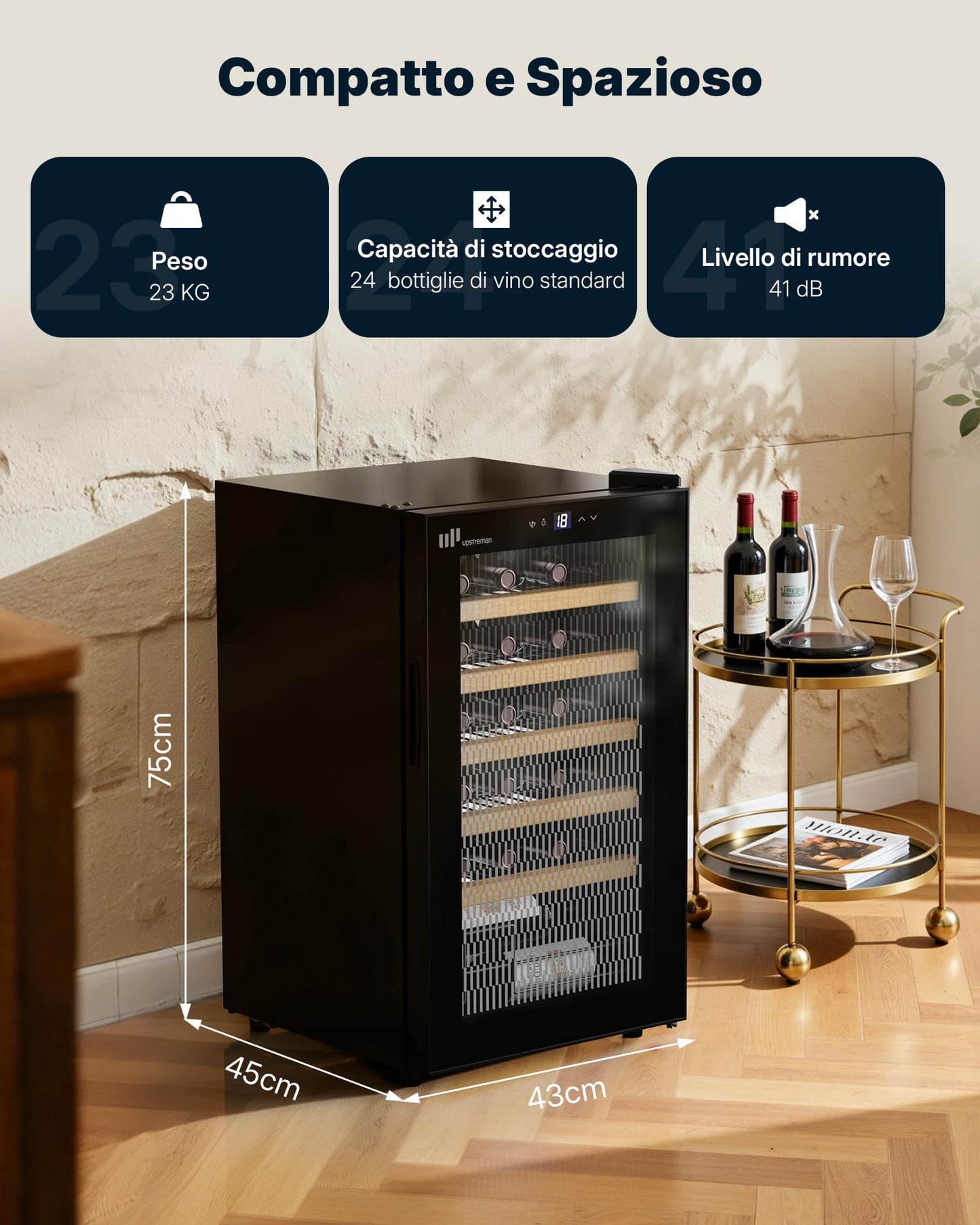 Upstreman Cantinetta Vino, 24 Bottiglie, Temperatura Regolabile 5°C - 20°C, da Incasso o Sottobanco, Display Touch