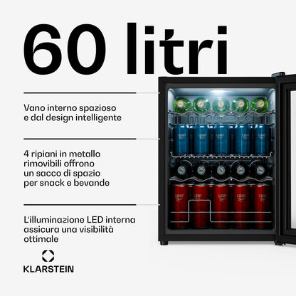 KLARSTEIN Frigo Vetrina Bibite 60L - Porta in Vetro a Specchio, LED, Temperatura 0-13°C, 4 Ripiani Regolabili