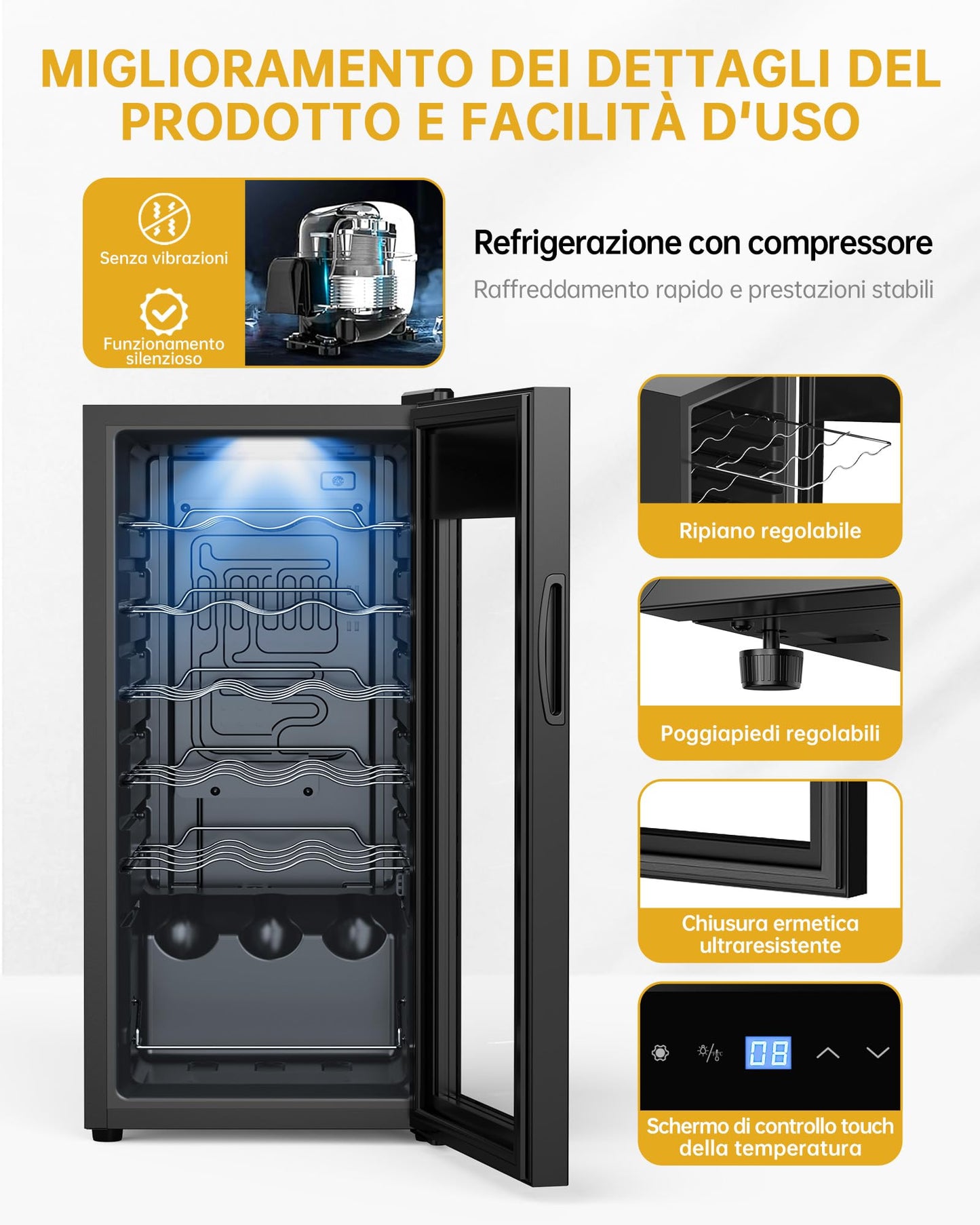 WIE Cantinetta Vino 18 Bottiglie (53L) – Cantinetta Refrigerata per Vino 5–18°C con Touch Screen, Frigo a Compressore