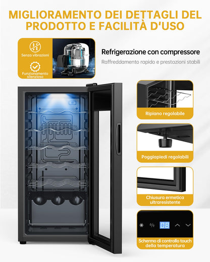 WIE Cantinetta Vino 18 Bottiglie (53L) – Cantinetta Refrigerata per Vino 5–18°C con Touch Screen, Frigo a Compressore