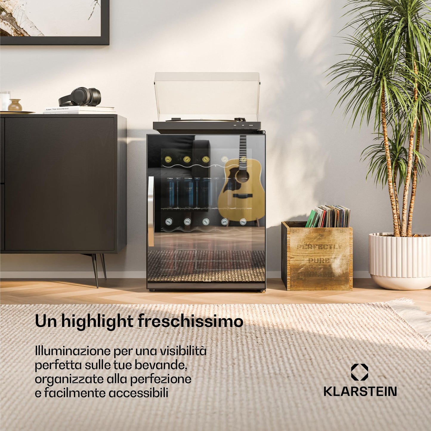 KLARSTEIN Frigo Vetrina Bibite 60L - Porta in Vetro a Specchio, LED, Temperatura 0-13°C, 4 Ripiani Regolabili